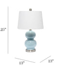 Cool Stacked Stone Double Gourd Ceramic Lamp In Light Blue With White Fabric Shade And Chrome Accents, dimensions shown