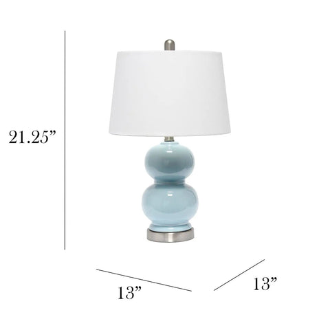 Cool Stacked Stone Double Gourd Ceramic Lamp In Light Blue With White Fabric Shade And Chrome Accents, dimensions shown