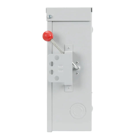 100 Amp Manual Generator Transfer Switch For Home Backup Power, 24,000 Watt General Duty Double Throw Safety Switch, 120/240 Volt, NEMA 3R Outdoor Indoor, 2-Pole gray metal housing with red lever