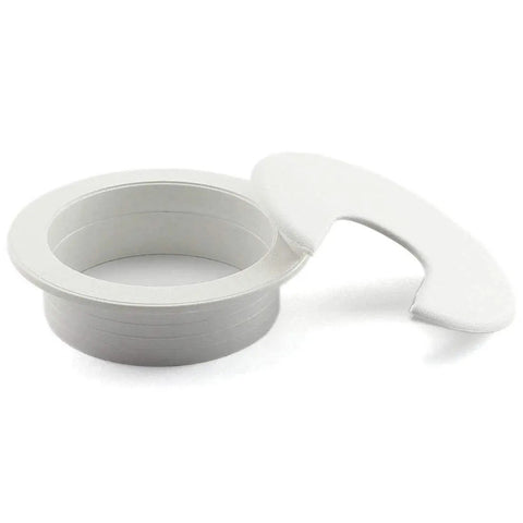 Open white plastic grommet cover for office desk cable management, showing the 2 inch (50mm) hole insert, ABS material.