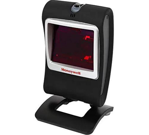 Genesis 7580G Hands Free Omnidirectional Barcode Scanner For 1D PDF417 And 2D Codes With USB Cable In Black on stand