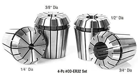 Four-piece ER32 collet set with various diameters for CNC mills, including one eighth inch spring collets ER32 CO194 pro grade workhorse industrial machining tool for CNC mills and lathes high precision for fabrication cabinets and manufacturing pros durable American quality.