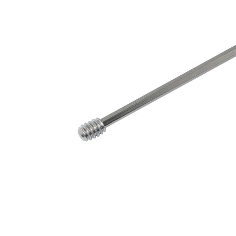 Close-up of a stainless steel Allen head set screw, 10-24 x 1/4 inch internal hex with cup-point, alongside a hex wrench.