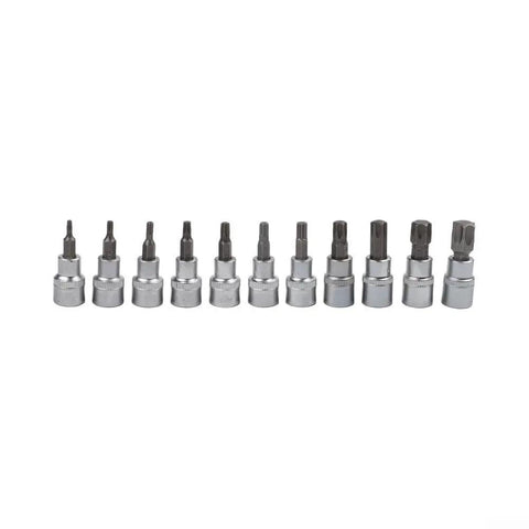 Helluva Tough 34 Piece Socket Set With E Type Sockets And Torx Bits forged chrome vanadium steel socket drivers laid out in a row.