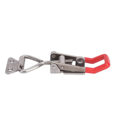 Awesome Heavy Duty Stainless Steel Toggle Clamp Latch With 250 Kg Clamping Force Makes Your Wood Or Metal Projects Super Solid And Secure For Serious DIY Grind. stainless steel toggle clamp latch, red handle, mounted on white background