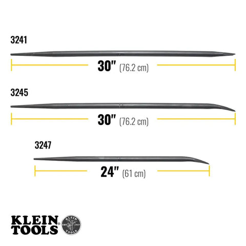 Three Klein Tools connecting bars, two 30-inch and one 24-inch, featuring different angled chisel ends for alignment and prying.