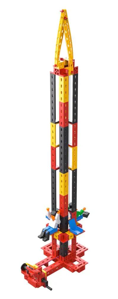 Crazy Rides Building Kit With 364 Components For Adults And Big Kids Hands On STEM Toy To Build Speedy Cars And Creative Creations Fully Compatible With Other Sets A Fun Gift For Holidays And Weekend Projects. Tall multicolor plastic tower model with base and seats