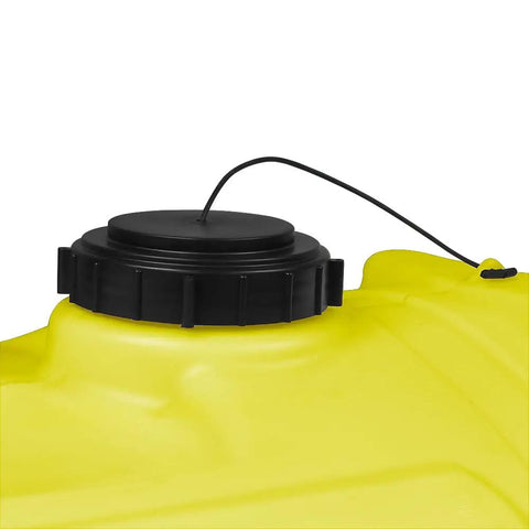 Close-up of the 6 inch lid with tether on the 40 Gallon Yellow Sprayer Tank With Translucent Body, farm-ready design visible.