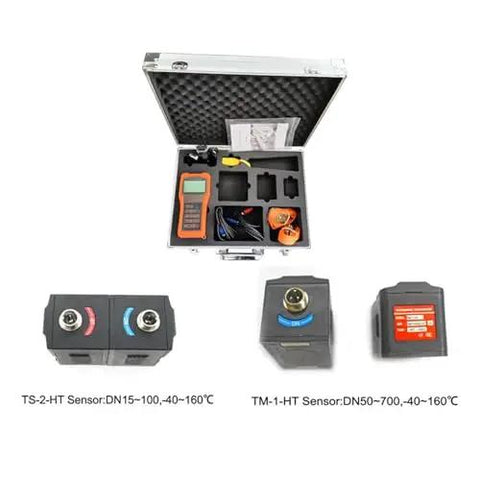 Portable Ultrasonic Flow Meter For Liquids With High Sensitivity And Digital Readouts No Contact Measurement Compact Design For Home Office Or Field Use RS232 Clamp Sensor Included Easy To Use On The Go displayed in a case with sensors and accessories