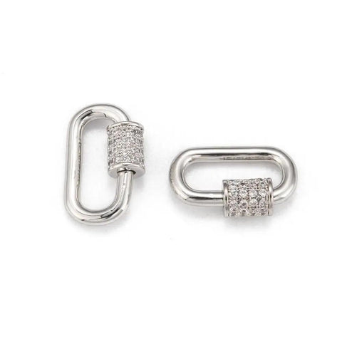 Five Silver Screw Carabiner Lock Charms Set with Brass Micro Pave Cubic Zirconia Oval Quick Links Clasp for Jewelry Making