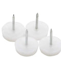 Four white nylon furniture foot caps with metal nails for securing under chairs and desks, part of Thirty Piece Nylon Furniture Foot Caps With Sturdy Metal Nail Base Deliver Kickass Smooth Glides For Any Living Space Chair Or Desk Setup Rock Solid Floor Savers Shield Surfaces Daily.