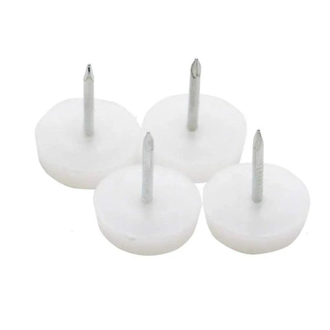 Four white nylon furniture foot caps with metal nails for securing under chairs and desks, part of Thirty Piece Nylon Furniture Foot Caps With Sturdy Metal Nail Base Deliver Kickass Smooth Glides For Any Living Space Chair Or Desk Setup Rock Solid Floor Savers Shield Surfaces Daily.