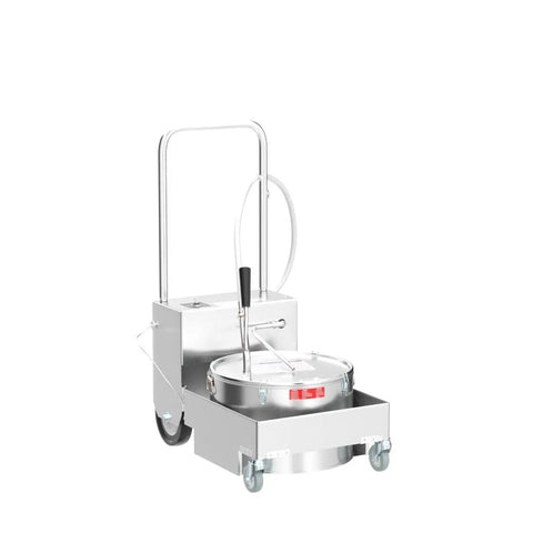 Commercial Electric Fryer Oil Filter System With Fry Powder Included Handles 75 Lb Grease Loads Portable Filtration Cart on wheels.