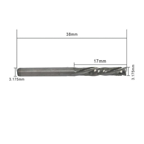 Side view of Pro Grade One Eighth Inch Shank Carbide End Mills Three Point One Seven Five By Seventeen Millimeter Up And Down Cut Square Nose CNC Spiral Router Bit showing dimensions.
