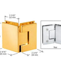 Gold Plated 135 Degree Glass To Glass Hinges With Self Centering Reversible Pivot Pin dimensions and rear view, suitable for tempered shower doors.