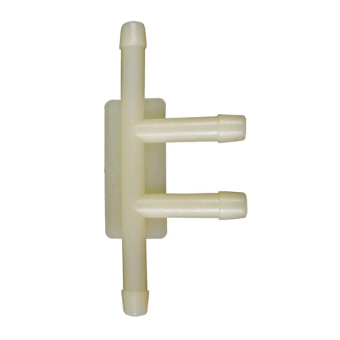 Off-white nylon vacuum hose tee connector with three barbed ports for automotive use
