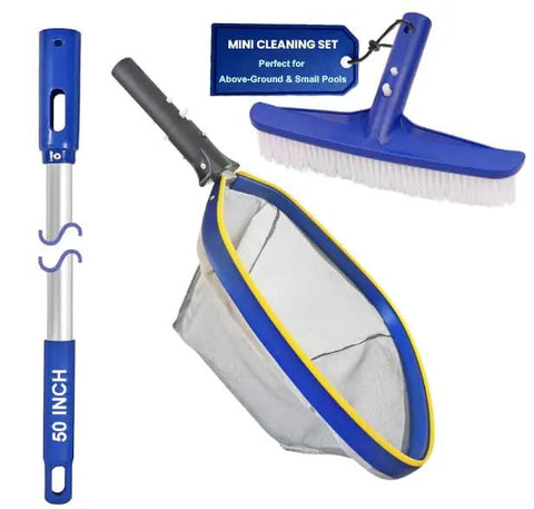 All In One Pro Grade Pool Cleaning Kit With 10 Inch Nylon Brush And 50 Inch Telescopic Aluminum Pole With Ultra Fine Mesh Skimmer