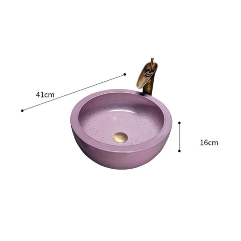 41Cm Dia Round Art Basin Bathroom Counter Basin Pink Color, Countertop Bathroom Vessel Sink, Above Counter Porcelain Ceramic Vanity Sink with gold drain.