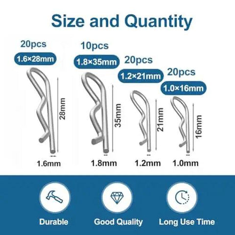 Size chart of 70 Piece Cotter Pins Kit With Heavy Duty R Clips And Spring Fasteners, four sizes, for trailer lawn mower truck repair.