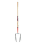 Five-Tine Manure Fork With 54 Inch White Ash Handle And Forged Steel Head For Heavy-Duty Farm Work Like Manure, Mulch, Hay, And Bedding Chores Built To Tackle Rough Yard Jobs with full view of handle and tines.