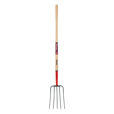 Five-Tine Manure Fork With 54 Inch White Ash Handle And Forged Steel Head For Heavy-Duty Farm Work Like Manure, Mulch, Hay, And Bedding Chores Built To Tackle Rough Yard Jobs with full view of handle and tines.