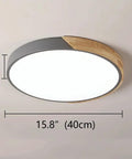 Sleek Modern Round Wood LED Ceiling Light 15.8 Inch Flush Mount Fixture in gray showing dimensions