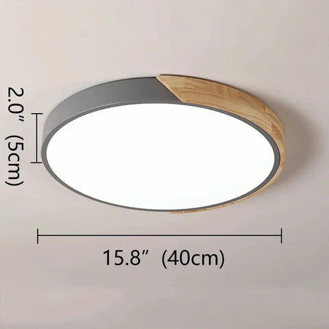 Sleek Modern Round Wood LED Ceiling Light 15.8 Inch Flush Mount Fixture in gray showing dimensions