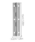 Front view of brushed metal piano hinge for cabinet doors, 15 cm long, 3.2 cm wide with screw holes.