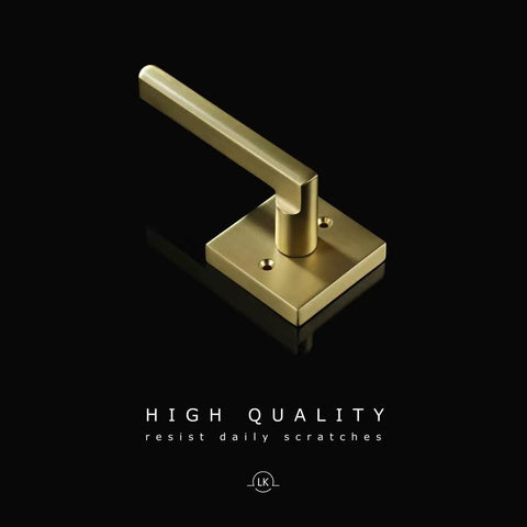 Gold Privacy Door Lever Handle for Interior Bedroom and Bathroom, Keyless Push Button Lock, square base on black background.