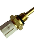 Automotive temperature sensor with brass threaded stem and white plastic connector