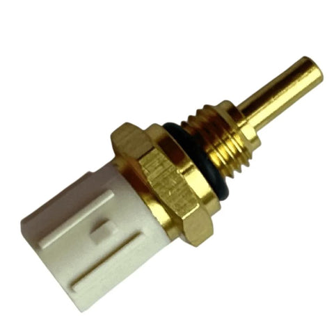 Automotive temperature sensor with brass threaded stem and white plastic connector