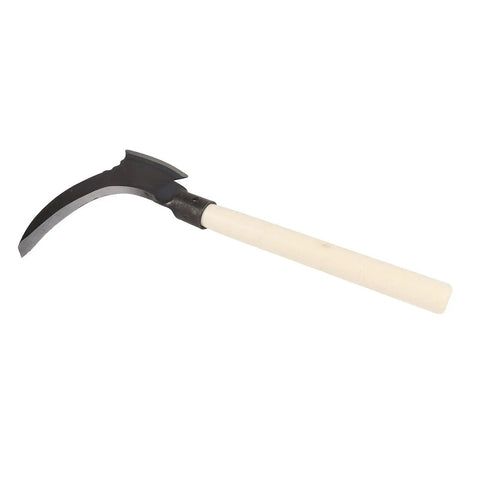 Handheld Sickle With High Manganese Steel Blade, Dual Scythe Mowing Tool For Easy Tree Cutting, white handle view