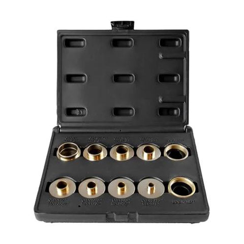 Brass router template bushing guide set, 10 pieces, for Porter-Cable RA02, in an open black case