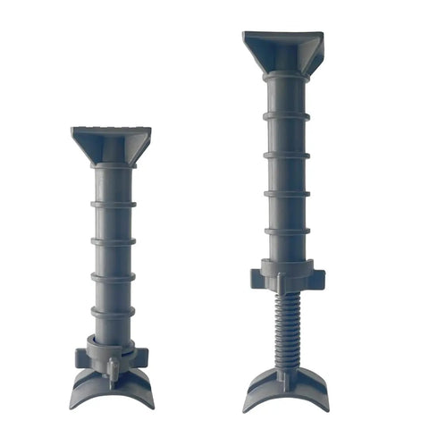 Adjustable Motorbike Fork Stand Heavy Duty Dirt Bike Transport Rack, gray plastic, adjustable height for stability.