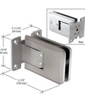 Rock Solid Brushed Nickel Self Centering Glass Door Hinge Featuring Quick Toggle Adjustment And Reliable Hold Open Lock Fits Up To Half Inch Tempered Glass measurements shown