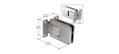 Rock Solid Brushed Nickel Self Centering Glass Door Hinge Featuring Quick Toggle Adjustment And Reliable Hold Open Lock Fits Up To Half Inch Tempered Glass measurements shown