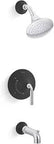 Tone Rite Temperature And Pressure Balancing Bath And Shower Faucet Trim Set with single handle, polished chrome and matte black finish.