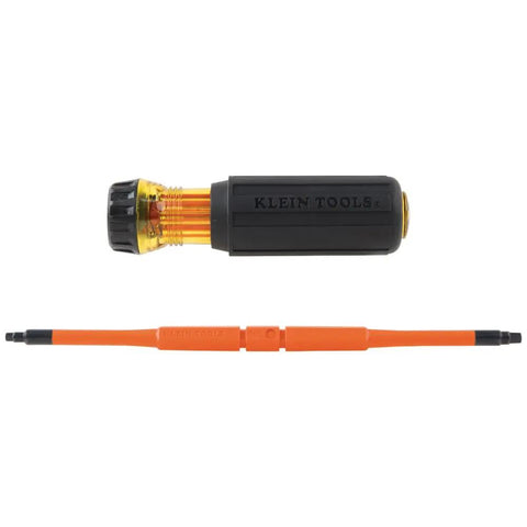 Pro Grade Dope Insulated Screwdriver Set With Flip Blade For Square Tips Number One And Number Two Double Ended Blades 1000 Volt Rating Interchangeable Slim Tip For Tight Terminal Blocks And Everyday Electrical Work showing separated handle and blade