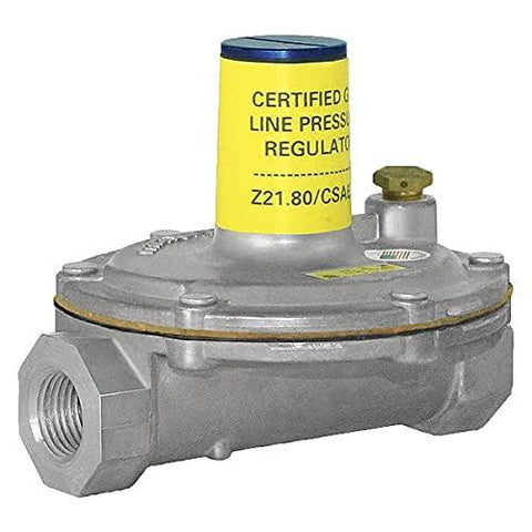 Gas pressure regulator, front view, Amazon brand, 2 psi, 250000 BtuH, metal with yellow cap
