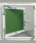Heavy Duty 16 By 16 Inch Aluminum Access Panel With Ready Install Frame For Drywall Or Drop Ceiling No Fuss Push Latch Hatch view from inside showing green panel.