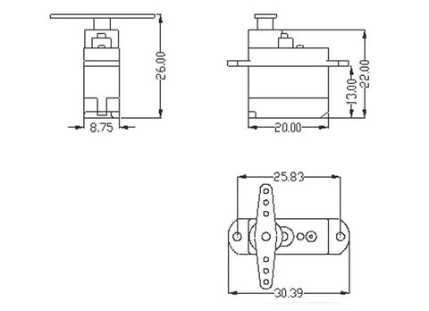 Technical diagram of Two Pack Micro Digital Servo GH-S37D 3.7g Coreless RC Servo with dimensions for RC models