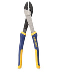 10 Inch Heavy Duty Steel Crimping Pliers Featuring Beefy Forged Jaws And A Non Slip Blue Yellow Handle open at an angle.