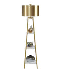 Tall Floor Lamp With Shelves And Gold Shade, Standing Reading Light For Living Room And Bedroom, Modern Pole Lamp, front view
