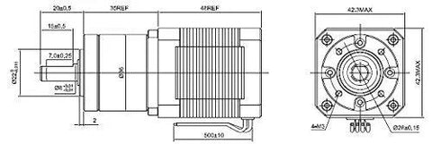 Front and side views of NEMA 17 stepper motor with 27:1 planetary gearbox, blueprint-style drawing.