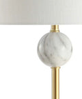 60 Inch Dope Brass Gold And White Modern Floor Lamp With White Linen Drum Shade, featuring marbled resin accent on the base.