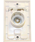 Front view of white Hayden central vacuum wall inlet with circular hose port and square door