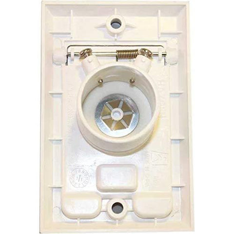 Front view of white Hayden central vacuum wall inlet with circular hose port and square door