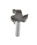 Front view of Beefy Carbide Tipped CNC Spoilboard Surfacing Router Bit with one quarter inch shank for slab flattening and rabbeting.