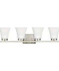 Bayfield Four Light Bath And Wall Light Fixture With Satin Etched Glass Shades In Brushed Nickel Finish 27.5 Inch Wide 7.75 Inch High Extends 6.63 Inch