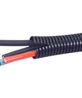 Close-up of Top Shelf One Hundred Feet Split Wire Loom Conduit Tubing in black, showcasing cables for automotive and marine applications.